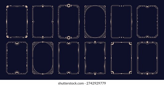 Celestial golden frames. Stylish frame, mystic tarot cards, invitation template. Decorative ornament with lines, moon crescent, sun, stars, racy vector design