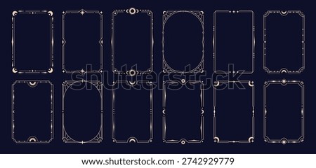 Celestial golden frames. Stylish frame, mystic tarot cards, invitation template. Decorative ornament with lines, moon crescent, sun, stars, racy vector design