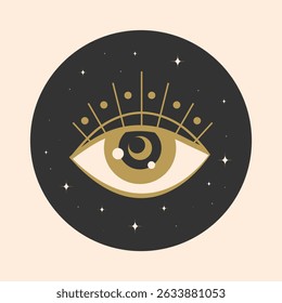 Celestial golden magical eye round emblem decorated with stars. All seeing eye. Vector illustration