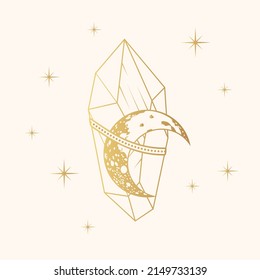 Goldener Mondkristall. Handgezeichnete Linie, Vektorgrafik für Hexerei-Design.