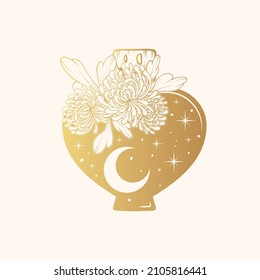 Celestial  golden mystical jar with moon, stars and chrysanthemums. Hand drawn design element isolated on white background. Vector illustration in boho style.