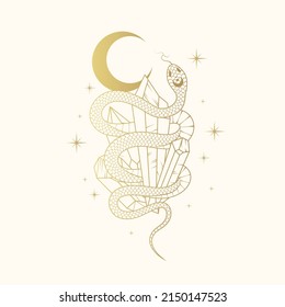 Celestial golden snake wrapping around a crystal on the background of the stars and the moon. Hand drawn line vector illustration for witchcraft design.
