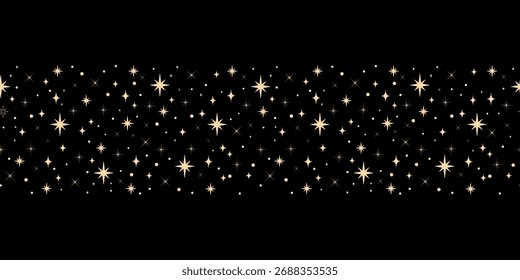 Celestial Golden Star seamless border. Horizontal magical star border on a black background with sparkles for invitations, packaging, branding, greeting cards,digital banners, and luxury print. Vector
