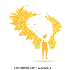 Celestial, guardian. Archangel Michael, Archangel Gabriel. God's messenger. Silhouette of an flame angel, with large expanded wings - on a white background.  God's angel. Vector.  