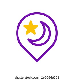 Orientação celeste: ícone de estrela e crescente dentro de um símbolo de pino de localização