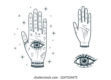 Mano celeste con diagrama de ojos y de química. Símbolo de predicción dibujado a mano, adivinación de fortuna. Vector místico mágico aislado para esotéricos, brujería, tatuajes y pegatinas.