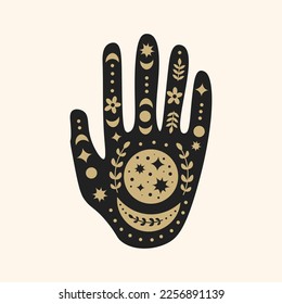 Celestial hand in boho doodle style. Black palm decorated with golden mystical elements, moon, stars, dots, twig, branch. Esoteric vector illustration for greeting card, poster, banner