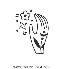 Celestial hand doodle. Human palm with flower, star, crescent. Hand-drawn vector illustration on white background