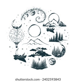 Celestial hand drawn isolated set. Mystical moon collection.  Vector design elements for tattoo,  t-shirt and label