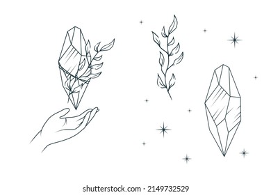 Celestial hand holding a magic crystal and a twig. Hand drawn mystical isolated set. Vector illustration  for witchcraft and tattoo.