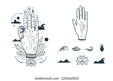 Mano celeste con planetas, nubes, diagrama de química y signos de los cuatro elementos.  Símbolo de predicción dibujado a mano, adivinación de fortuna. Ilustración vectorial mística mágica para brujería esotérica