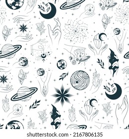 Celestial hands with esoteric symbols and space bodies.  Seamless pattern for wrapping paper, textile and background. Mystical vector  illustration.
