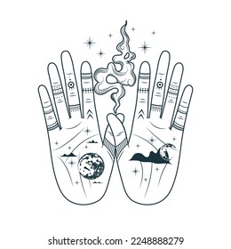 Celestial hands with moon, planet, fire and palmistry diagram.  Hand drawn symbol  of prediction, fortune telling. Magic mystic vector illustration isolated background for esoteric, tattoo, witchcraft