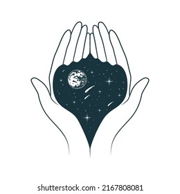 Celestial hands with moon and stars. Mystical vector illustration in boho style for witchcraft, poster design, tattoo and t-shirt