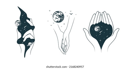 Celestial hands with moon, stars, planet and birds. Three vector  illustrations isolated on white background.  Linear  esoteric symbol  in boho style for witchcraft, poster and tattoo.