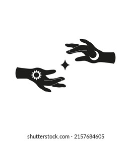 Celestial human hands with a star, outline boho vector illustration