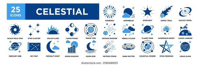 Celestial icon collection set. Containing design Sunburst , Moonbeam, Starlight, Comet Trail, Galaxy Swirl 