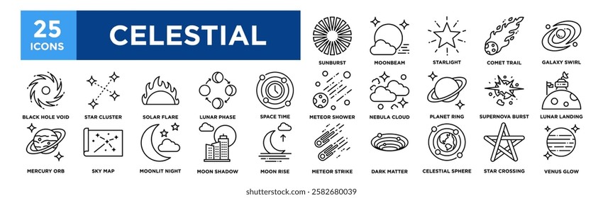 Celestial icon collection set. Containing design Sunburst , Moonbeam, Starlight, Comet Trail, Galaxy Swirl 