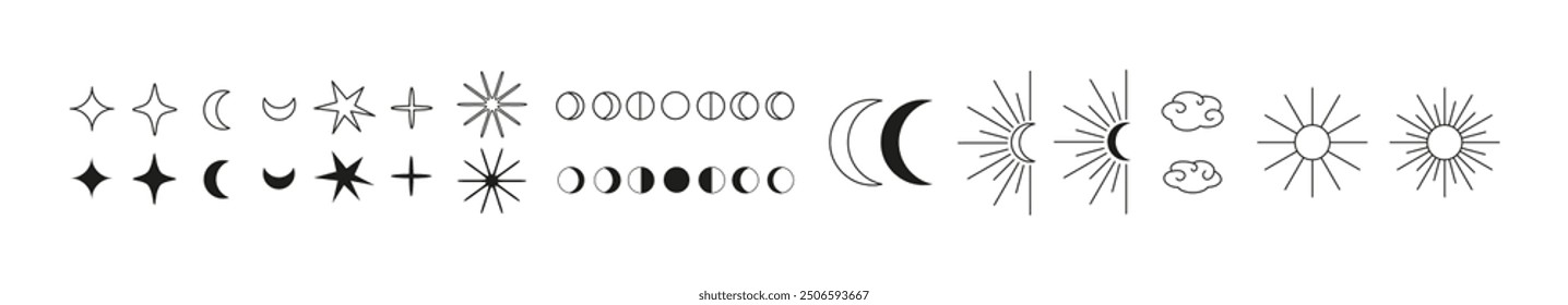 Celestial icons elements set. Moon phases, stars, moon, sun. Bohemian lunar line art. Magic abstract vector illustrations isolated on white.