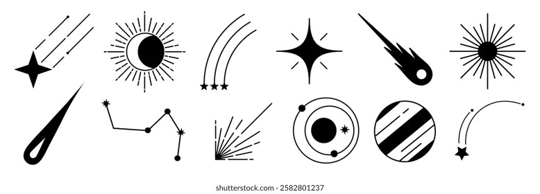 Celestial icons featuring stars, comets, and planets. Stars and comets in various designs. Planets with orbit lines. Celestial theme with stars and comets. Element vector collection.