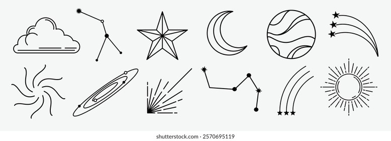 Celestial icons featuring stars, moon, and planets. Stars and moon, planets and stars, celestial designs. Simple celestial icons, moon and stars. Element vector collection.