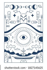 Ilustración celeste para astrología, adivinación, magia. El dispositivo del universo, luna creciente y sol con luna en un fondo azul. Ilustración vectorial esotérica