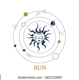 Celestial illustration for astrology, divination, magic. The device of the universe, crescent moon and sun with moon on a blue background. Esoteric vector illustration