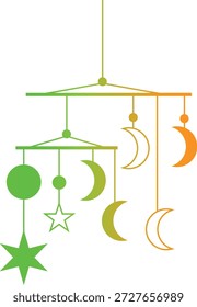 Ilustración celeste con luna degradada verde y naranja y estrellas. Colorido bebé móvil con luna y Formas de estrellas