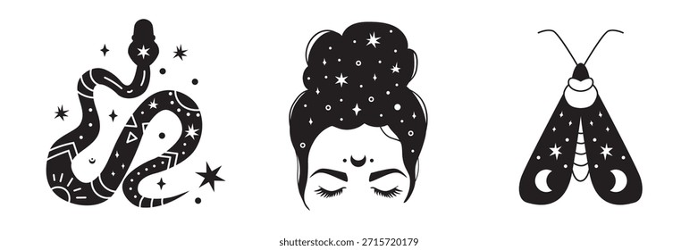Himmlische Illustration mit einer Frau mit schmutzigen Brötchen, Motte und mystische Schlange. Boho, Hexerei, magische Symbole für Tätowierungs-Design, Drucke, Plakate, Branding, Aufkleber und spirituelle Dekor.