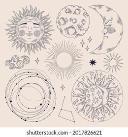 Celestial illustrations. Vector set. Hand drawing. Illustration for design of cards, covers, wallpaper, packaging, home textiles. For printing and surface design