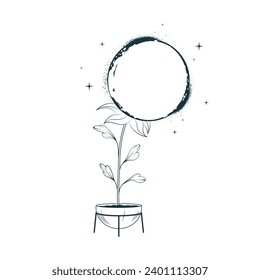 Celestial image of a flower in a pot and the moon. Vector mystical print  for tattoo, t-shirt and label