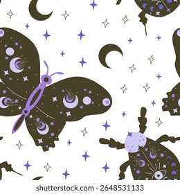 Padrão celeste de insetos com estrelas e luas sobre fundo branco.