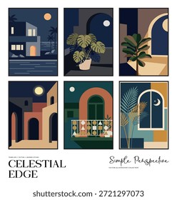 Ilustraciones arquitectónicas de inspiración celestial con la paleta del cielo nocturno