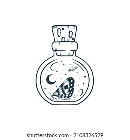 Celestial jar with moon, butterfly and stars. Esoteric  design elements   isolated on white.   Mystical hand drawn vector illustration for witchcraft.