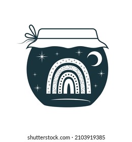 Celestial  jar with stars, moon and rainbow. Hand drawn esoteric design element isolated on white background. Vector illustration in boho style.