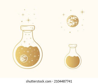 Celestial jars with a magic elixir of stars and planets.   Golden esoteric  design elements. Hand drawn vector illustration for witchcraft.