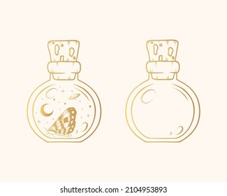 Celestial jars with moon, butterfly and stars. Golden spiritual design elements  isolated on white.   Vector line art items  for witchcraft.