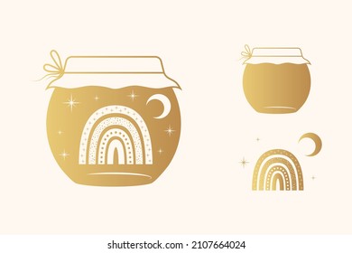 Celestial  jars with stars, moon and rainbow. Golden esoteric design elements isolated on white background. Vector illustration in boho style.