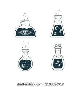 Himmelsgläser mit Sternen, Planeten, Mond, Zweigen, Rose und mystischem Auge. Vier esoterische Elemente setzen. Handgezeichnete Vektorgrafik im Boho-Stil.