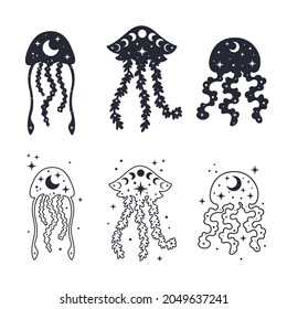 Celestial jellyfish with moon phases and stars. Silhouette and outline of an abstract jellyfish. Vector illustration.