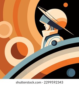 Viaje celeste, afiche vectorial Art Deco con astronauta en Saturno
