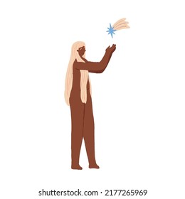 Celestial lady, African Goddess with pink hair holding a star in her palm. Powerful woman, magician, feminine energy, make a wish concept. Moonchild character. Vector illustration.