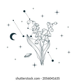 Celestial lily of the valley. Vector illustration with geometrical and spiritual plant, stars and moon for gift cards and invitations.