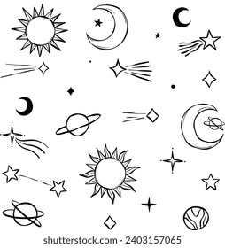 Celestial line art doodles, vector clip art set with sun moon and star elements, magical illustration collection