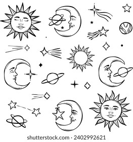 Celestial line art illustration, vector sun and moon clip art with stars and planets, hand drawn magical mystic design element collection