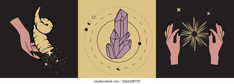Arte de línea celestial, constelación de luna y estrella , ilustración mágica esotérica de cristal.  Manos de mujeres con objetos de ocultismo
