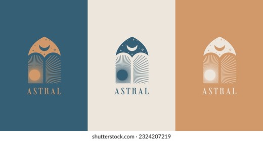 Celestial Logo design, Window logotype, Moon minimal logo, Star, Spiral, Astrology, Astronomy, Spiritual, Vector logo