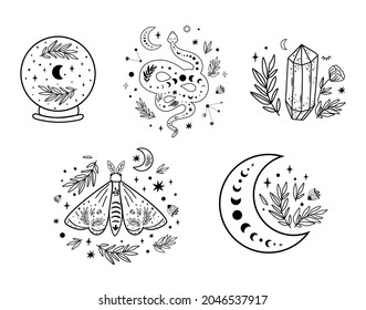 Celestial Logo Set. Floral Moon Circle Logo Moon Logo. Moon Phase, Floral Crystal, Serpent, Snake, Moth, Butterfly, Crystal Ball, Stars Occult Collection. Celestial Crescent. Vector Illustration.