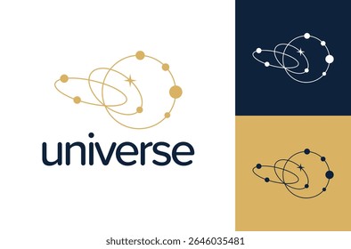 logotipo celestial. Logotipo dourado do vetor no qual uma imagem abstrata do sistema solar com planetas. Cosmic Galaxy Planetary Logo Design (em inglês).
