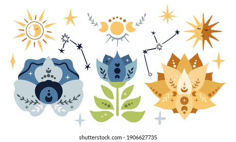 Celestial lotus flower, sun and moon isolated boho kids clipart, stars, constelations and lunar symbols on white background, mystical space baby illustration, vector design elements